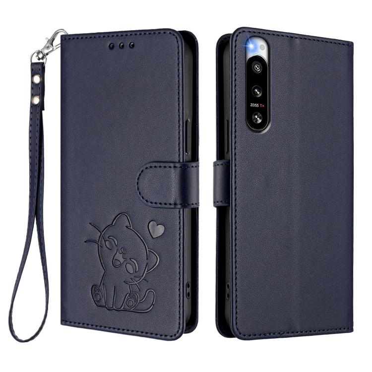 For Sony Xperia 5 IV Embossed Heart Cat Leather Phone Case with Hand Strap