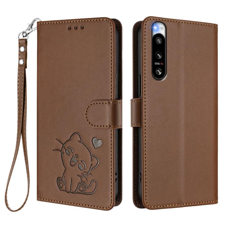 For Sony Xperia 5 IV Embossed Heart Cat Leather Phone Case with Hand Strap