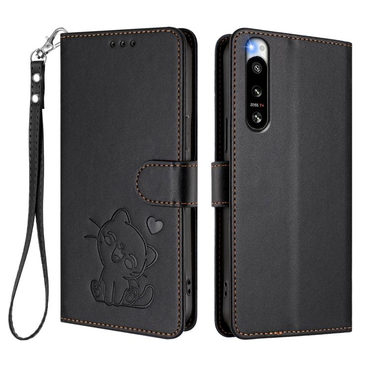 For Sony Xperia 5 IV Embossed Heart Cat Leather Phone Case with Hand Strap