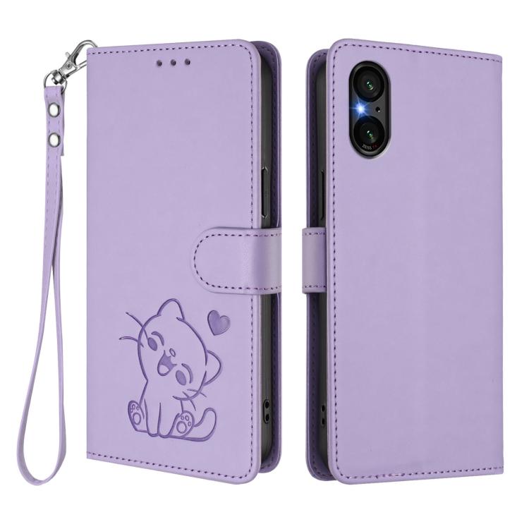 For Sony Xperia 5 V Embossed Heart Cat Leather Phone Case with Hand Strap