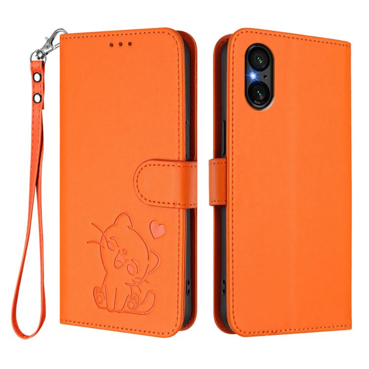 For Sony Xperia 5 V Embossed Heart Cat Leather Phone Case with Hand Strap