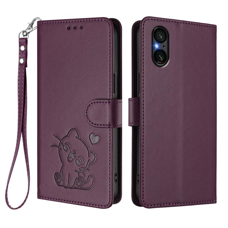 For Sony Xperia 5 V Embossed Heart Cat Leather Phone Case with Hand Strap