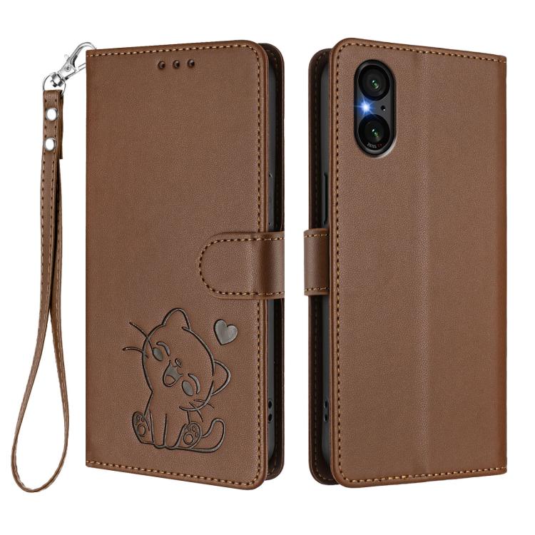 For Sony Xperia 5 V Embossed Heart Cat Leather Phone Case with Hand Strap