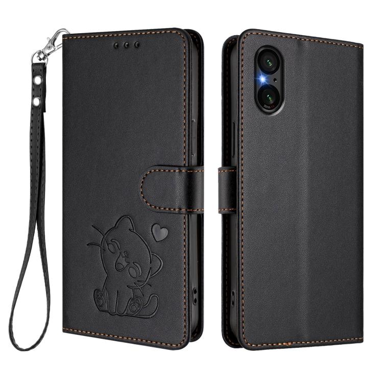 For Sony Xperia 5 V Embossed Heart Cat Leather Phone Case with Hand Strap