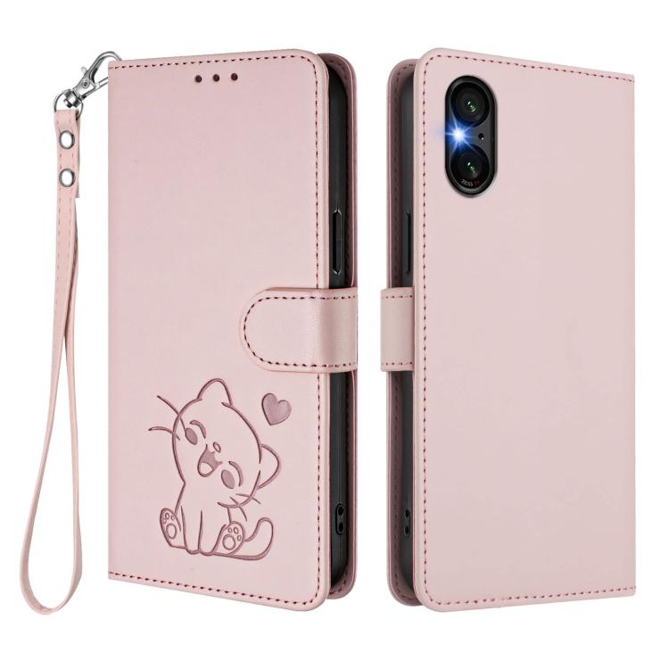 For Sony Xperia 5 VI Embossed Heart Cat Leather Phone Case with Hand Strap