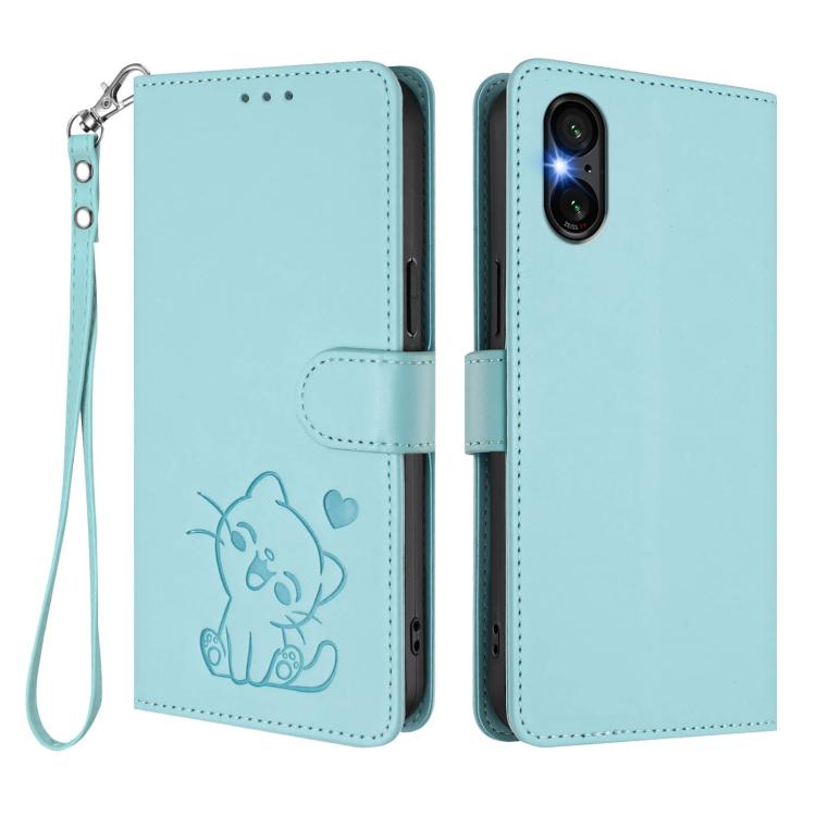 For Sony Xperia 5 VI Embossed Heart Cat Leather Phone Case with Hand Strap