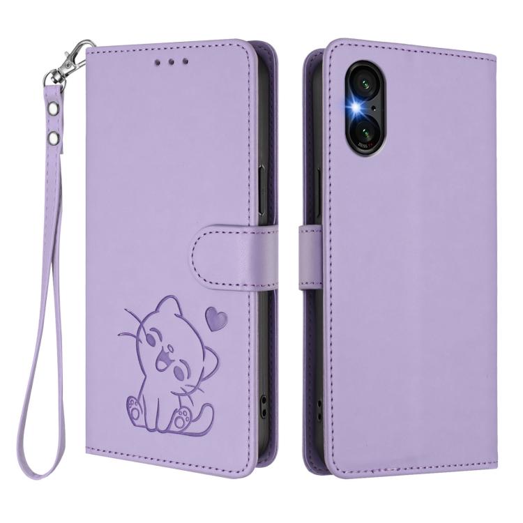 For Sony Xperia 5 VI Embossed Heart Cat Leather Phone Case with Hand Strap