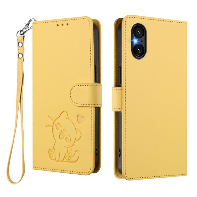 For Sony Xperia 5 VI Embossed Heart Cat Leather Phone Case with Hand Strap