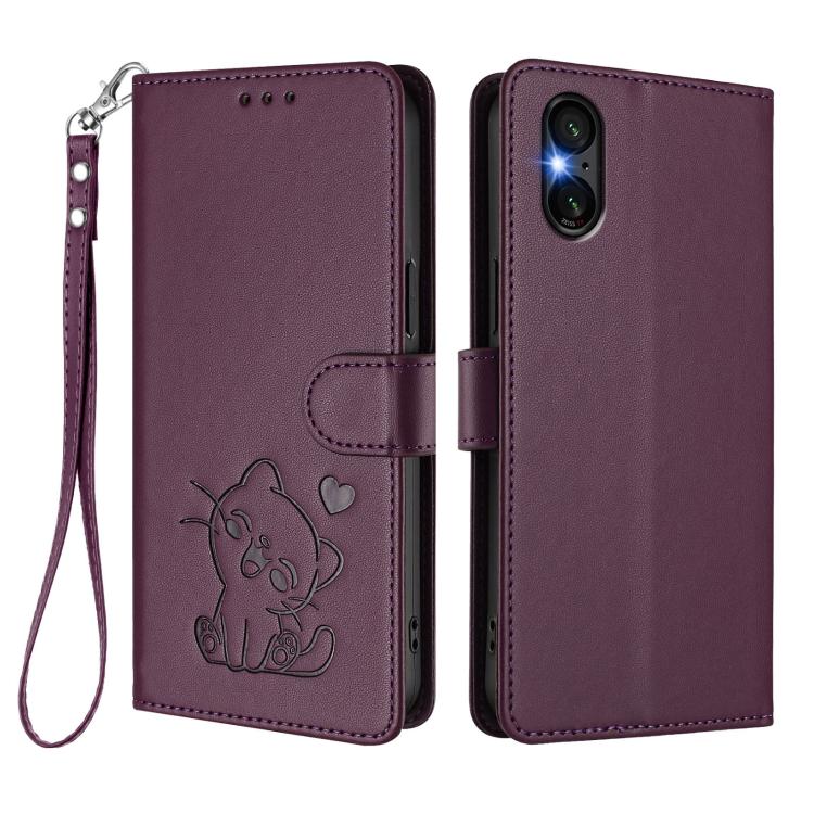 For Sony Xperia 5 VI Embossed Heart Cat Leather Phone Case with Hand Strap