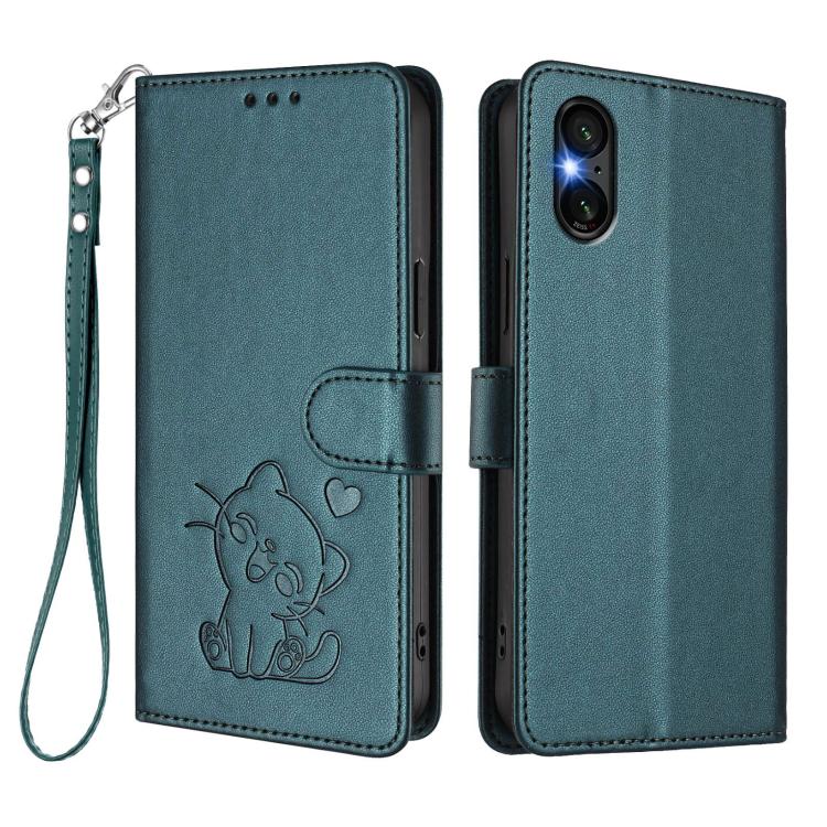 For Sony Xperia 5 VI Embossed Heart Cat Leather Phone Case with Hand Strap