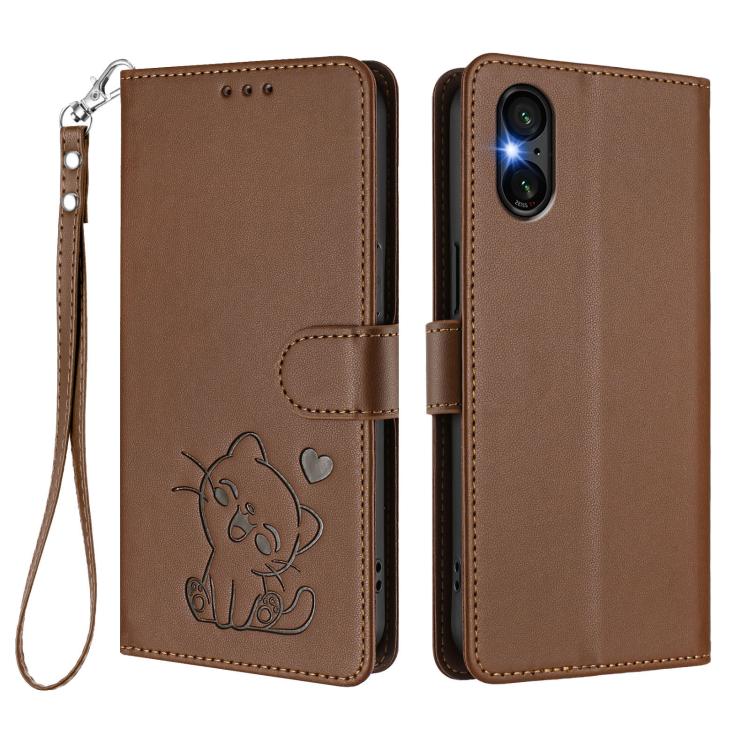 For Sony Xperia 5 VI Embossed Heart Cat Leather Phone Case with Hand Strap