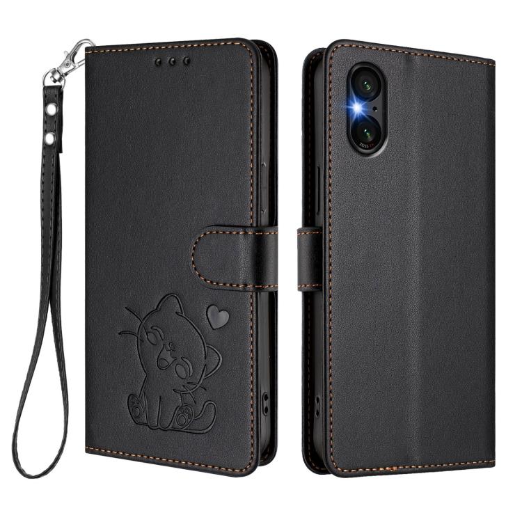 For Sony Xperia 5 VI Embossed Heart Cat Leather Phone Case with Hand Strap