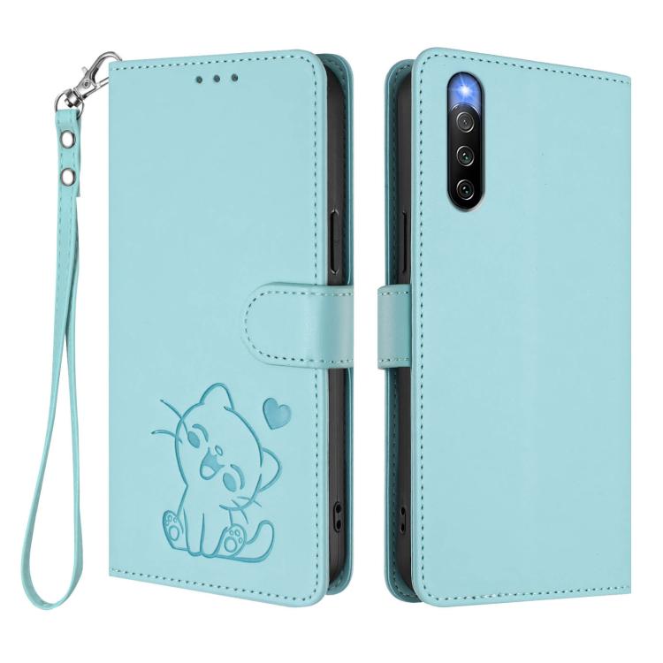 For Sony Xperia 10 IV Embossed Heart Cat Leather Phone Case with Hand Strap