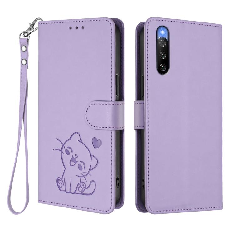 For Sony Xperia 10 IV Embossed Heart Cat Leather Phone Case with Hand Strap