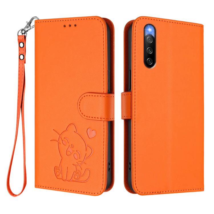 For Sony Xperia 10 IV Embossed Heart Cat Leather Phone Case with Hand Strap