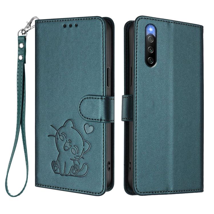 For Sony Xperia 10 IV Embossed Heart Cat Leather Phone Case with Hand Strap