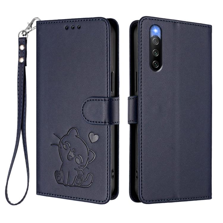 For Sony Xperia 10 IV Embossed Heart Cat Leather Phone Case with Hand Strap