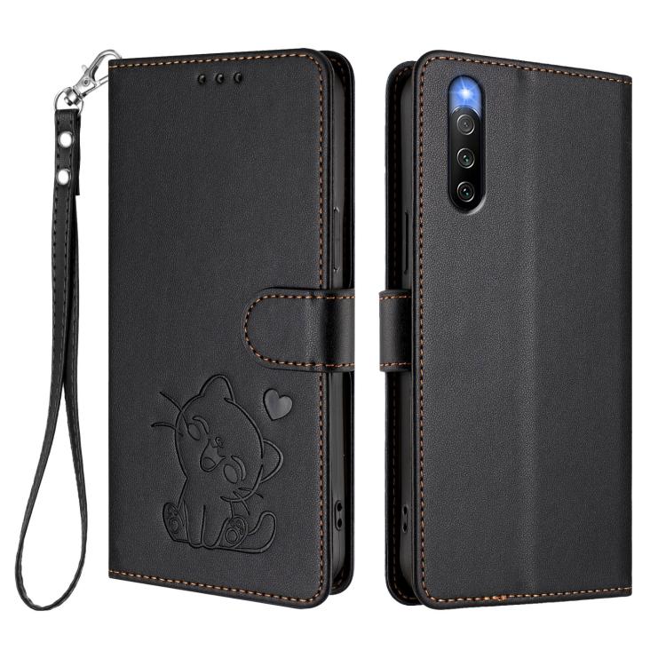 For Sony Xperia 10 IV Embossed Heart Cat Leather Phone Case with Hand Strap