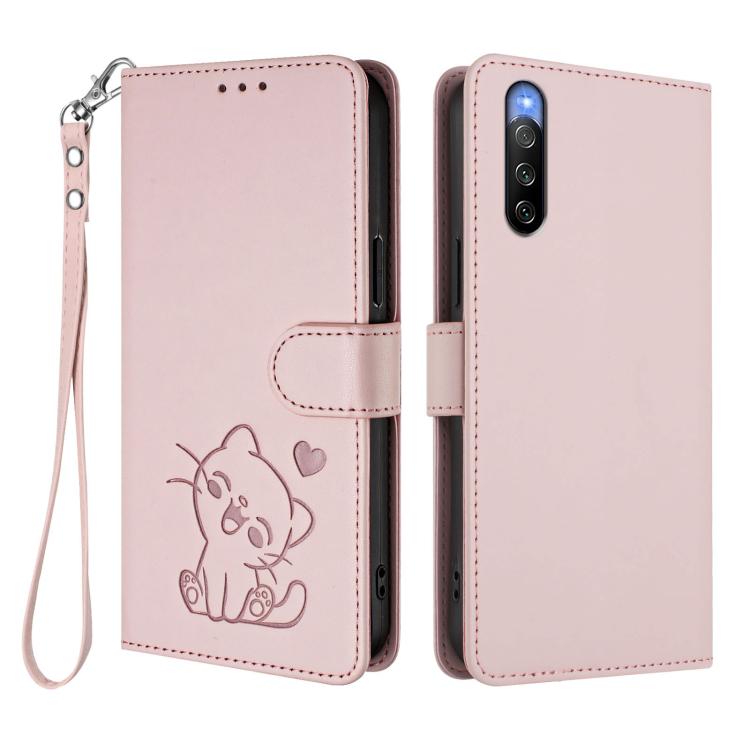 For Sony Xperia 10 V Embossed Heart Cat Leather Phone Case with Hand Strap