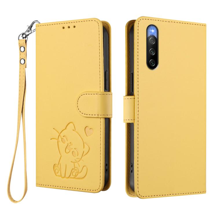 For Sony Xperia 10 V Embossed Heart Cat Leather Phone Case with Hand Strap