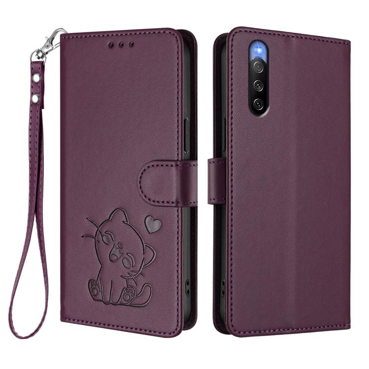 For Sony Xperia 10 V Embossed Heart Cat Leather Phone Case with Hand Strap