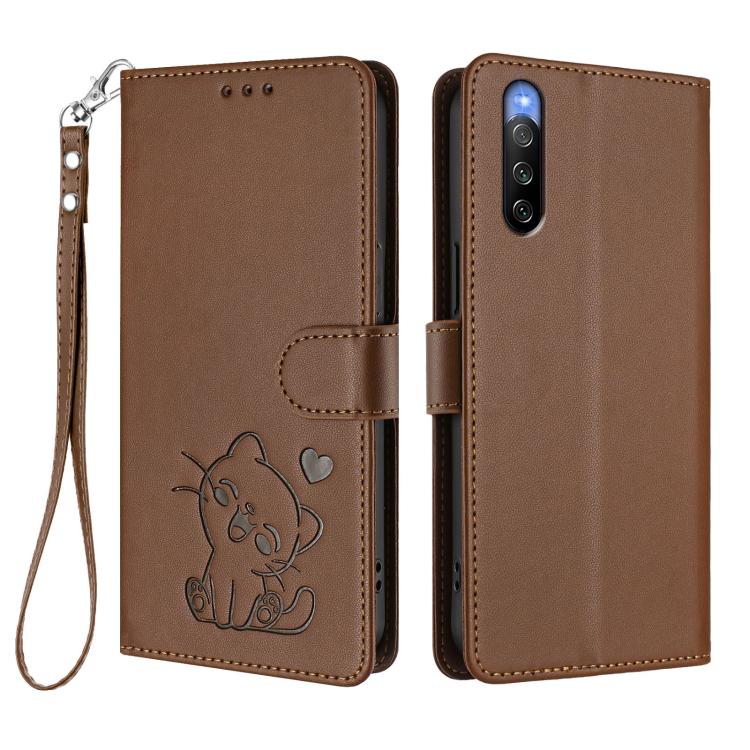 For Sony Xperia 10 V Embossed Heart Cat Leather Phone Case with Hand Strap