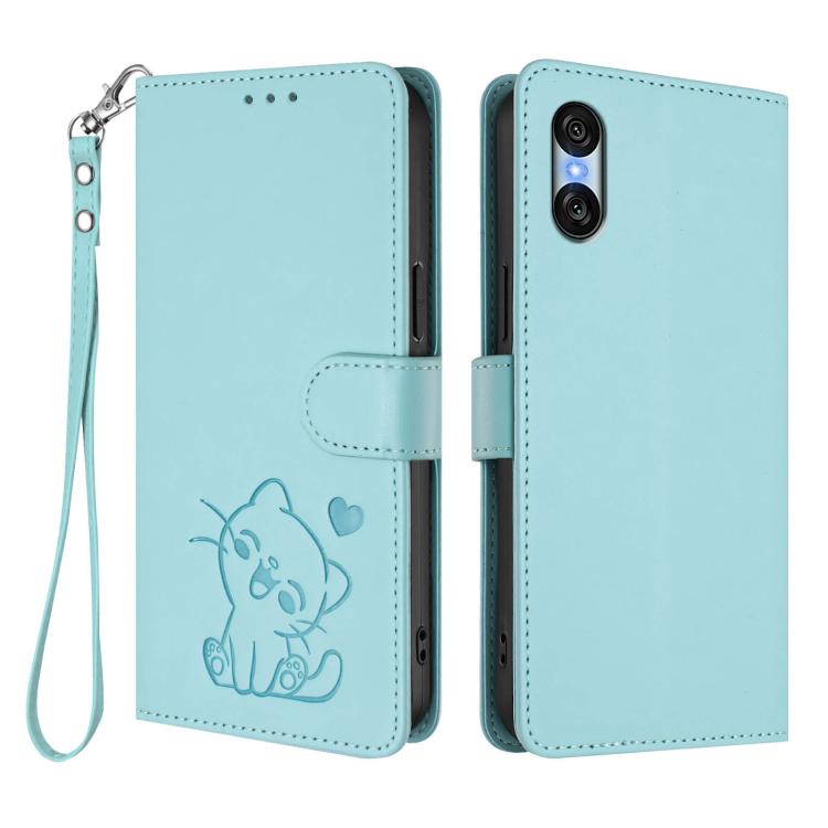 For Sony Xperia 10 VI Embossed Heart Cat Leather Phone Case with Hand Strap