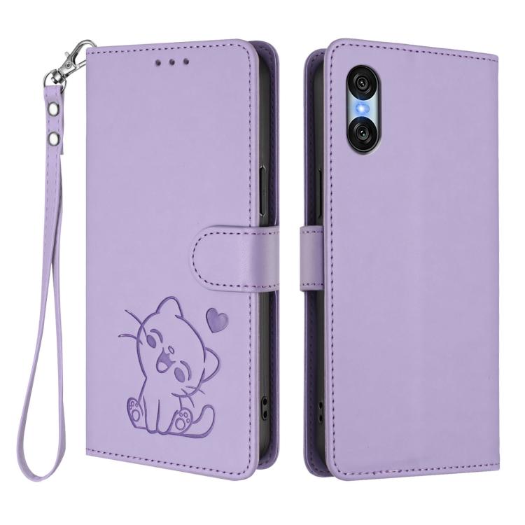 For Sony Xperia 10 VI Embossed Heart Cat Leather Phone Case with Hand Strap