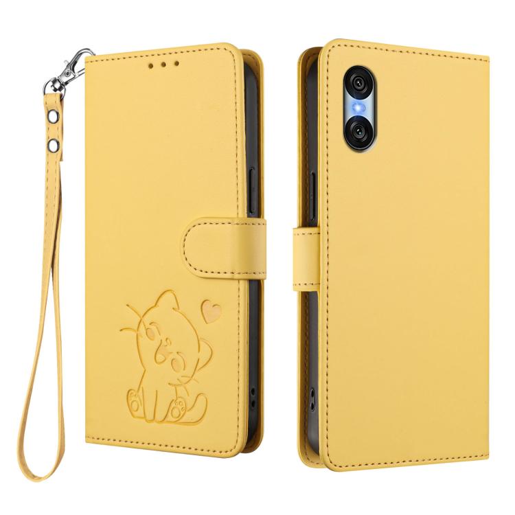 For Sony Xperia 10 VI Embossed Heart Cat Leather Phone Case with Hand Strap