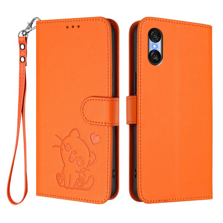 For Sony Xperia 10 VI Embossed Heart Cat Leather Phone Case with Hand Strap