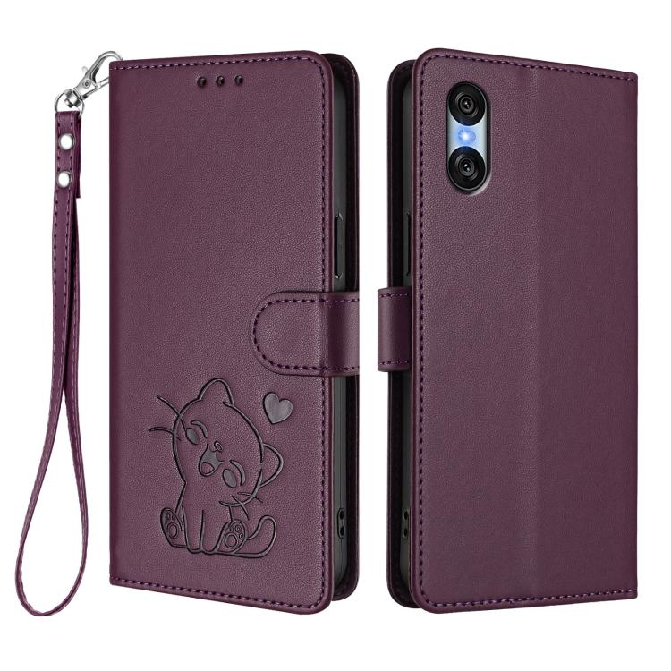 For Sony Xperia 10 VI Embossed Heart Cat Leather Phone Case with Hand Strap