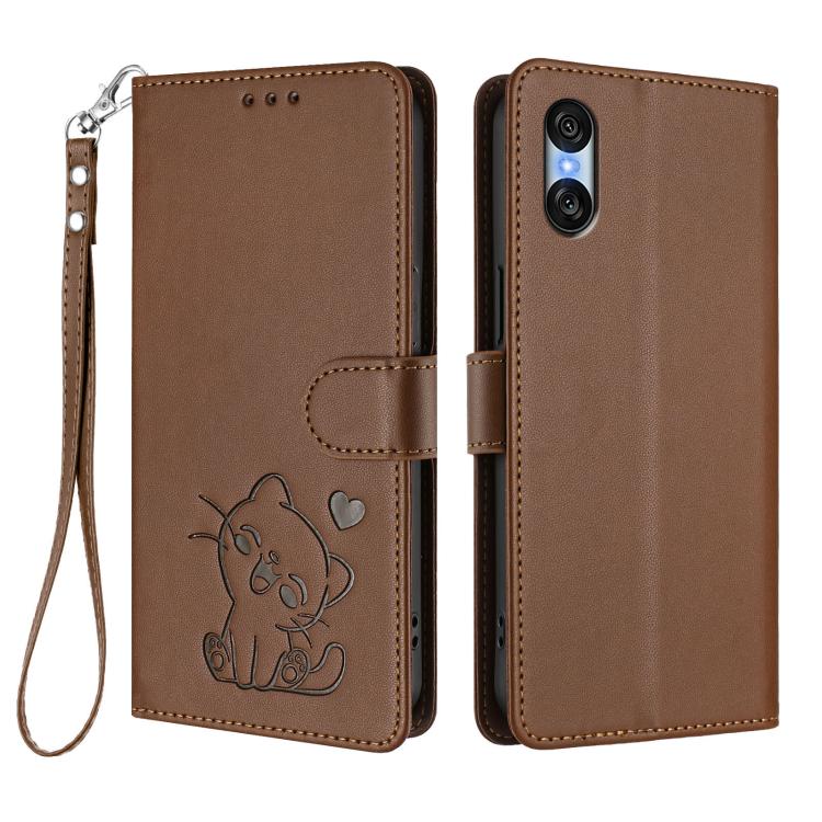 For Sony Xperia 10 VI Embossed Heart Cat Leather Phone Case with Hand Strap
