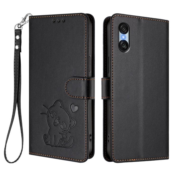 For Sony Xperia 10 VI Embossed Heart Cat Leather Phone Case with Hand Strap