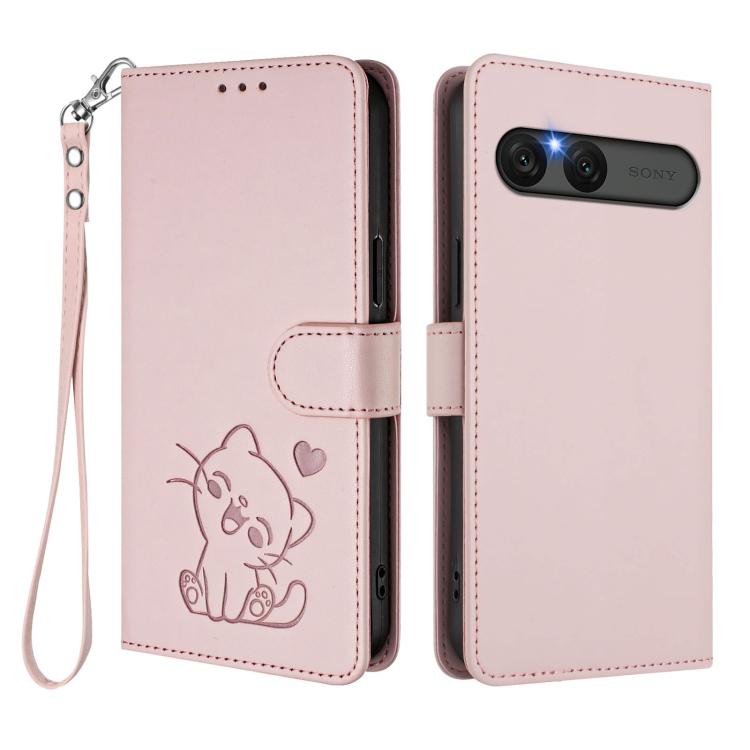 For Sony Xperia 10 VII Embossed Heart Cat Leather Phone Case with Hand Strap
