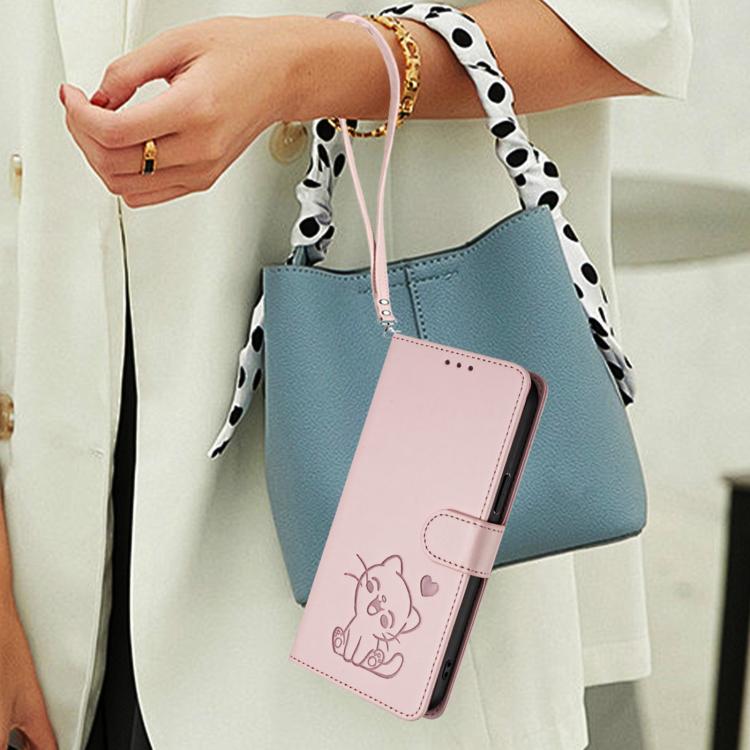 For Sony Xperia 10 VII Embossed Heart Cat Leather Phone Case with Hand Strap