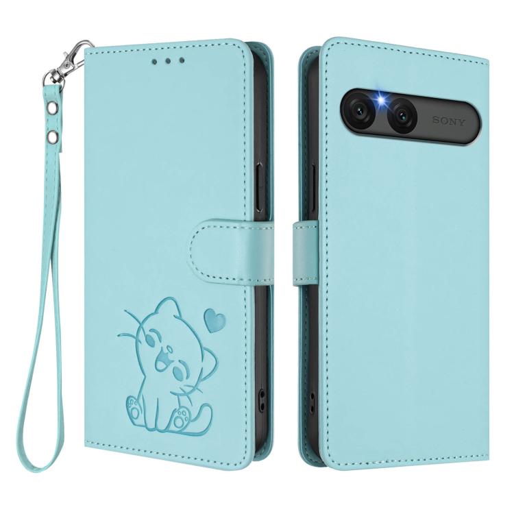 For Sony Xperia 10 VII Embossed Heart Cat Leather Phone Case with Hand Strap