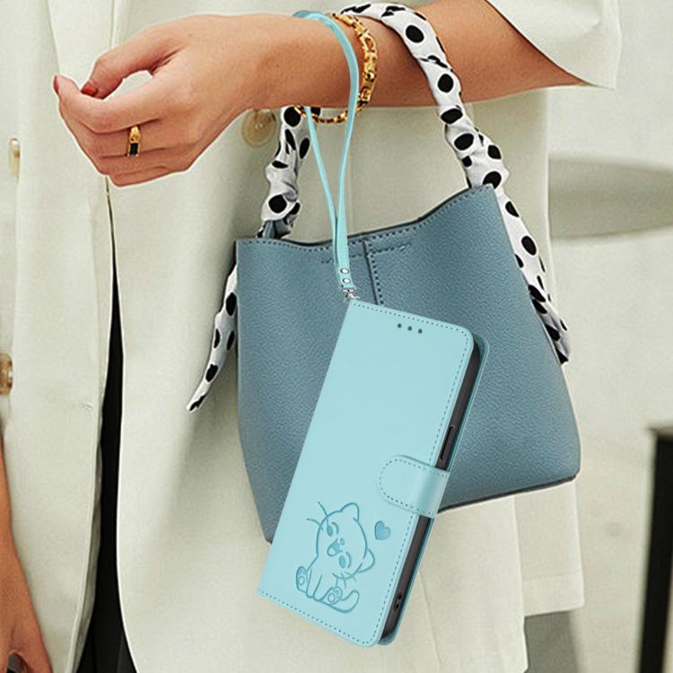For Sony Xperia 10 VII Embossed Heart Cat Leather Phone Case with Hand Strap