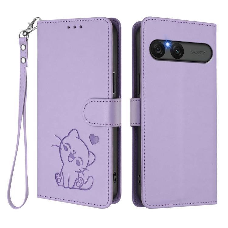 For Sony Xperia 10 VII Embossed Heart Cat Leather Phone Case with Hand Strap