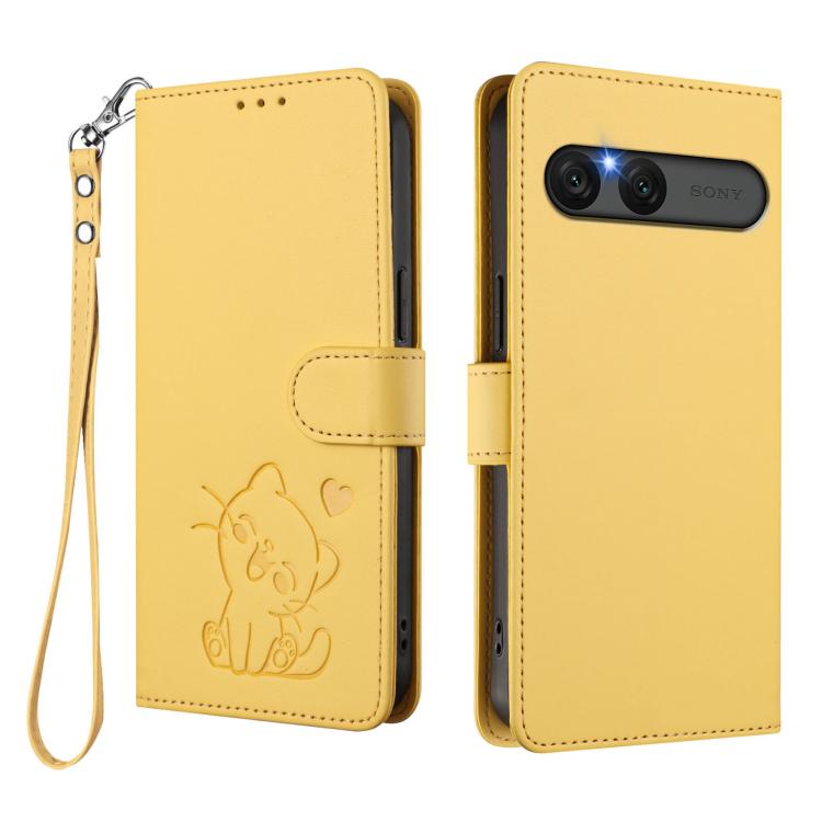 For Sony Xperia 10 VII Embossed Heart Cat Leather Phone Case with Hand Strap
