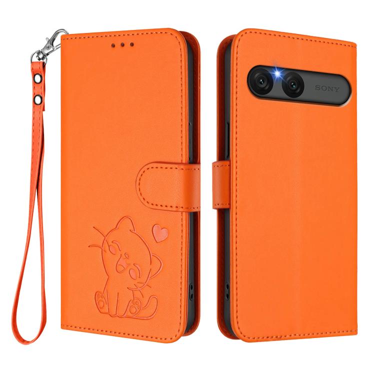 For Sony Xperia 10 VII Embossed Heart Cat Leather Phone Case with Hand Strap