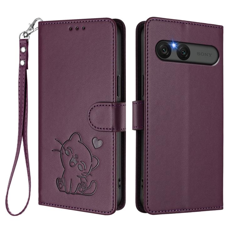 For Sony Xperia 10 VII Embossed Heart Cat Leather Phone Case with Hand Strap
