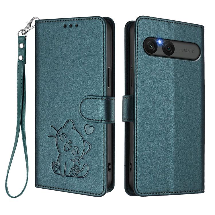 For Sony Xperia 10 VII Embossed Heart Cat Leather Phone Case with Hand Strap