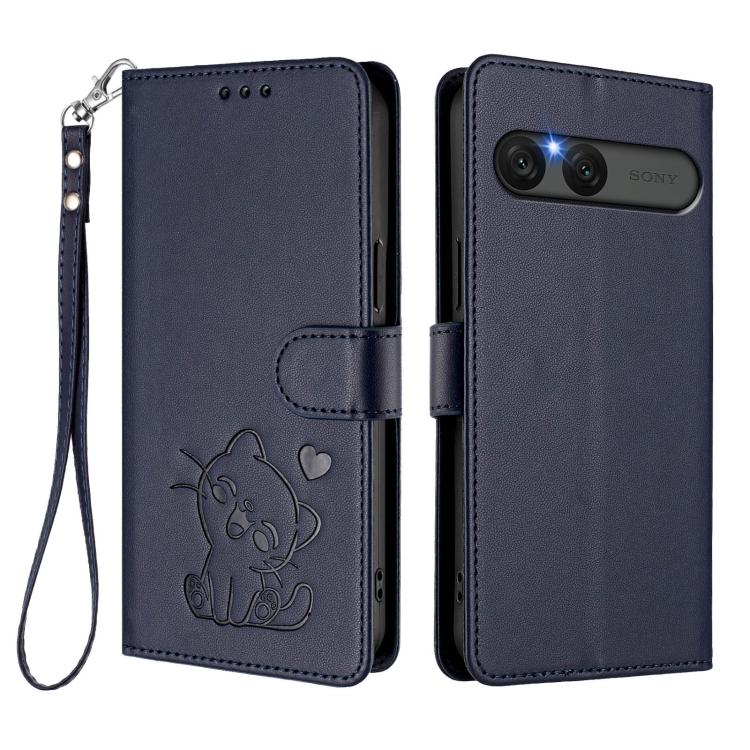 For Sony Xperia 10 VII Embossed Heart Cat Leather Phone Case with Hand Strap