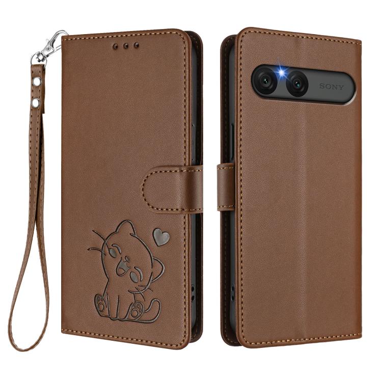 For Sony Xperia 10 VII Embossed Heart Cat Leather Phone Case with Hand Strap