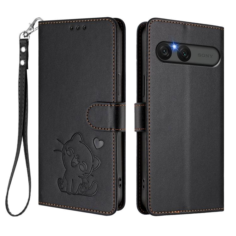 For Sony Xperia 10 VII Embossed Heart Cat Leather Phone Case with Hand Strap