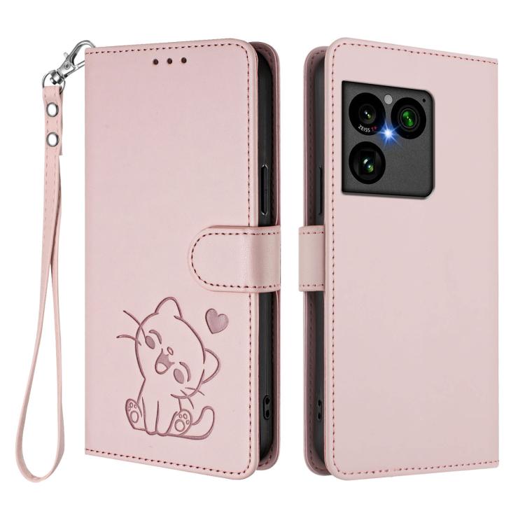 For Sony Xperia 1 VIII Embossed Heart Cat Leather Phone Case with Hand Strap