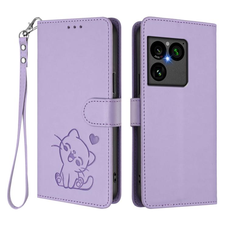 For Sony Xperia 1 VIII Embossed Heart Cat Leather Phone Case with Hand Strap