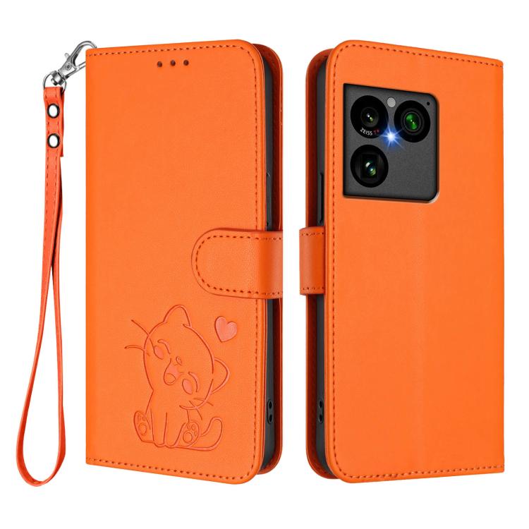 For Sony Xperia 1 VIII Embossed Heart Cat Leather Phone Case with Hand Strap