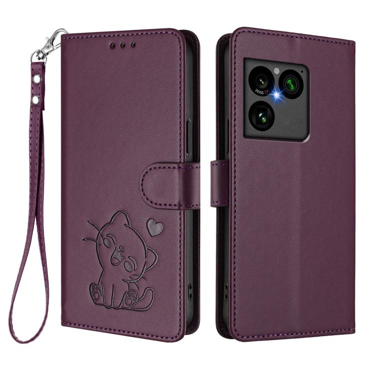 For Sony Xperia 1 VIII Embossed Heart Cat Leather Phone Case with Hand Strap