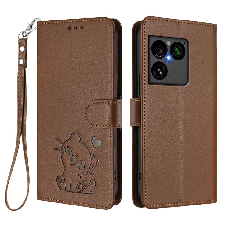For Sony Xperia 1 VIII Embossed Heart Cat Leather Phone Case with Hand Strap